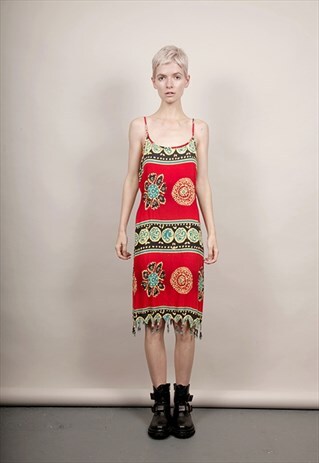VINTAGE 90'S TRIBAL BEADED SLIP DRESS