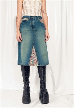 Vintage Denim Skirt Y2K Tapestry Inset Midi