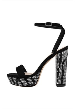 Rhinestone Platform Single Band Ankle Strap Chunky Heel Sand