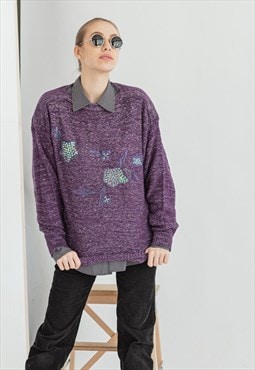 Vintage Oversized Knitwear Jumper in Shiny Sequin Purple