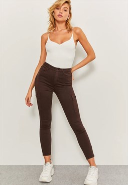 Brown High Waisted Skinny Cargo Jeans
