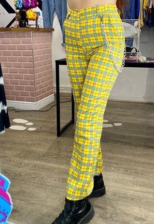 VINTAGE INSPIRED TROUSERS TARTAN IN YELLOW CHECKED W CHAIN