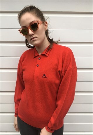 WOMENS VINTAGE RED COLLAR 80S BURBERRY JUMPER WOOL SWEATER