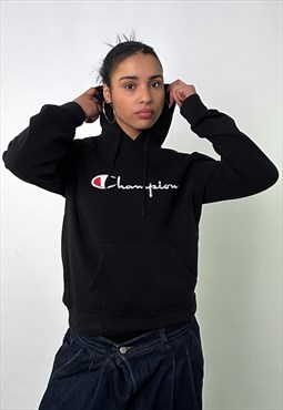 Black 90s Champion Embroidered Spellout Hoodie Sweatshirt