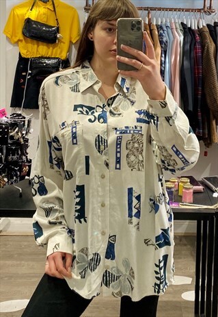 VINTAGE 80S SHIRT BLOUSE IN CREAM WITH BLUE ABSTRACT PATTERN
