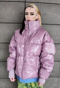 Shiny Plastic crop bomber quilted puffer jacket pastel pink