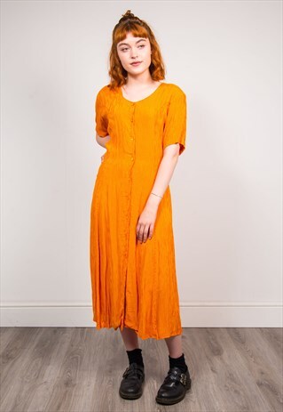 90'S VINTAGE BRIGHT ORANGE GINGHAM CHECK MIDI DRESS