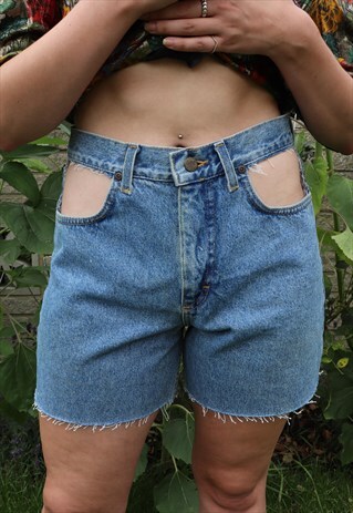 REWORKED VINTAGE CUT OUT LEE HIGH WAIST BLUE DEMIN SHORTS