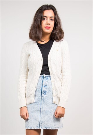VINTAGE 90'S WHITE RALPH LAUREN CABLE KNIT CARDIGAN