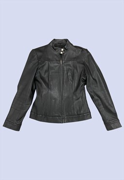 Black Leather Fitted Zip Collarless Crop Biker Jacket