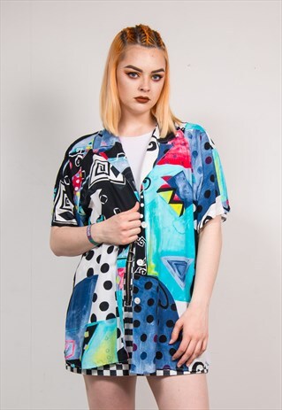 90'S VINTAGE CRAZY WAVEY BRIGHT PATTERN SHORT SLEEVE SHIRT