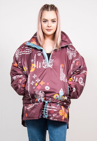 VINTAGE 90'S MAROON PATTERNED WARM PULLOVER SKI COAT