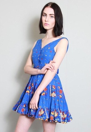 VINTAGE 1990'S BLUE COTTON PATTERNED FULL SKIRT MINI DRESS