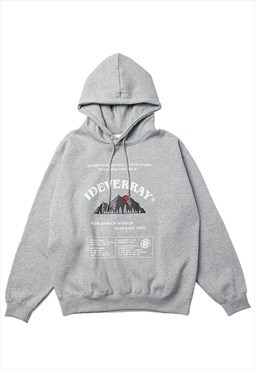 Landscape print hoodie retro mountain pullover in grey