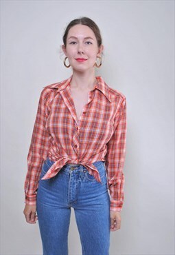 Vintage multicolor plaid shirt, women check shirt 