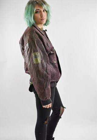 VINTAGE 80S DEEP PURPLE LEATHER BOMBER JACKET/FLIGHT JACKET