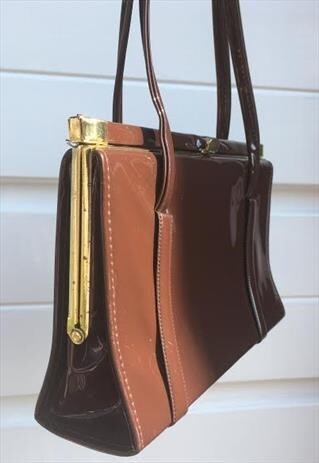 WOMENS VINTAGE 50S 60S HANDBAG BROWN BAG PLAIN SHINY