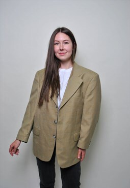 Oversize wool blazer, vintage plaid formal jacket 