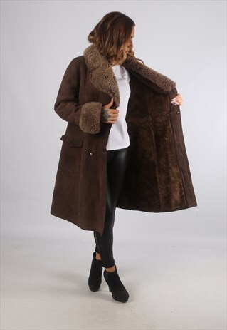VINTAGE SHEEPSKIN SUEDE SHEARLING COAT MID LONG UK 12 (K9CB)
