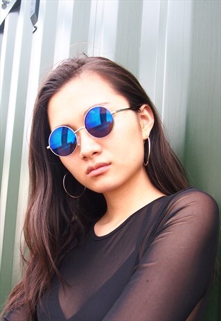 BLUE REFLECTIVE ROUND SUNGLASSES