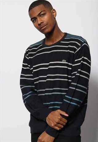 VINTAGE LACOSTE STRIPED CREWNECK JUMPER BLACK BLUE WHITE