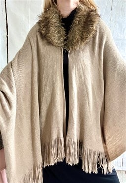 Vintage Tan Boho Fringed Faux Fur Collar 70's Cape Jacket