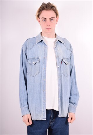 MENS VINTAGE DENIM SHIRT LARGE BLUE 90S