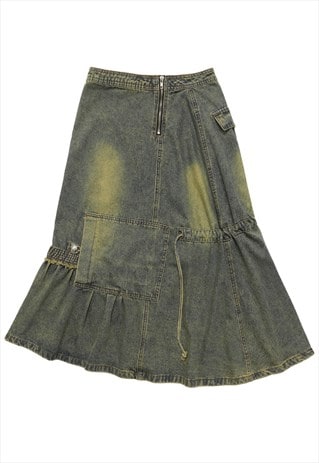 Grunge denim midi skirt bleached jean long ruffle skirt blue
