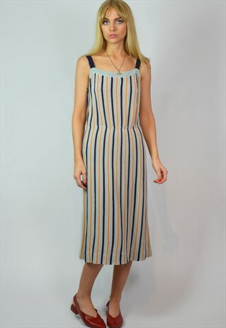 VINTAGE 70S KNITTED BLUE STRIPE SQUARE NECK MIDI DRESS