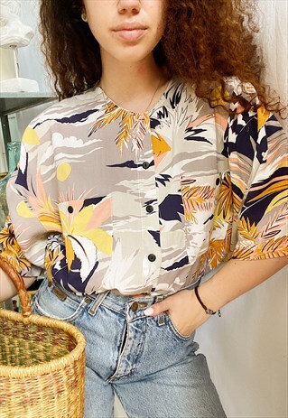 VINTAGE 80S TROPICANA ISLAND LIFE PRINT BOHEME BLOUSE TOP