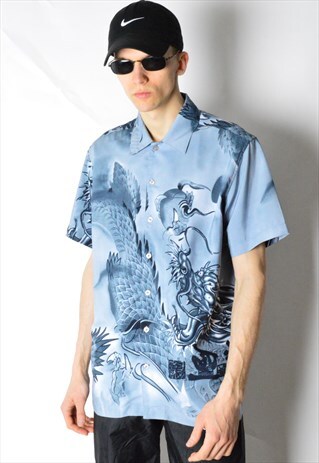 VINTAGE 90S BLUISH GREY DRAGON SHORT SLEEVE SHIRT