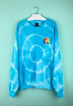 Tie Dye Embroidered Smiley Daisy Graphic Sweatshirt in Blue