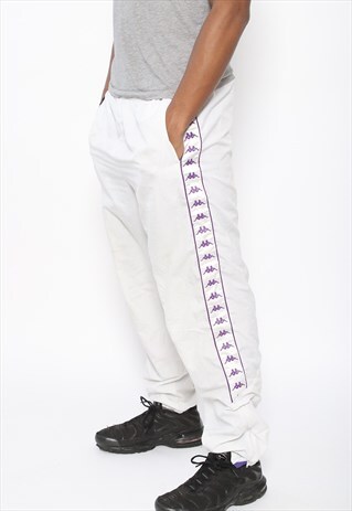 VINTAGE KAPPA TAPE LOGO TRACK BOTTOMS WHITE PURPLE