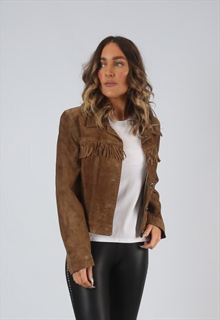 SUEDE LEATHER FRINGE TASSEL FITTED JACKET VINTAGE UK 12 HK5B