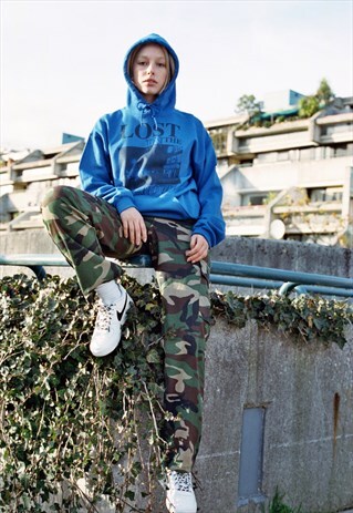 ROYAL BLUE HOODIE WITH PRINTED 'LOST IN THE UNKNOWN' DESIGN