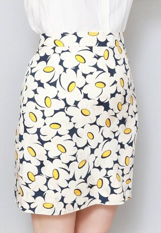VINTAGE 1980'S SILK BLEND DAISY PRINT MINI SKIRT
