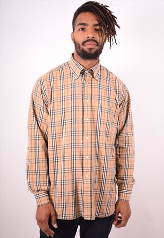 BURBERRY MENS VINTAGE SHIRT LARGE KHAKI CHECK 90S