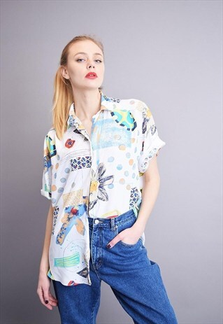 90'S RETRO PASTEL ABSTRACT PRINT OVERSIZED SHIRT BLOUSE TOP