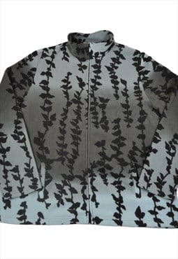 Vintage Fleece Jacket Retro Leaf Pattern Blue Ladies XL