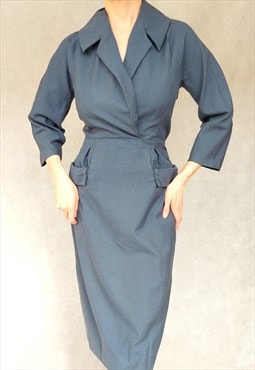 Vintage Gray WOol 50s Midi Dress, Small Size