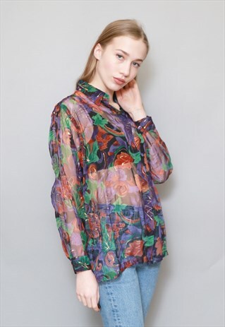 VINTAGE 1980'S VIBRANT FLOWER PRINT SHEER SHIRT