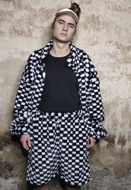 SKA check fleece shorts detachable handmade chess overalls