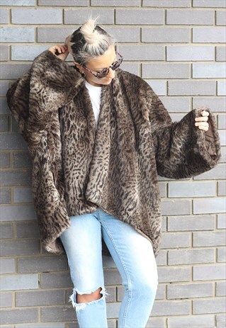 VINTAGE 1990S LEOPARD PRINTED FAUX FUR WATERFALL COAT