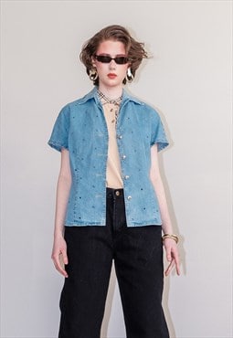 Vintage 90s denim blue punch hole casual shirt