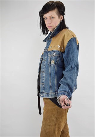 VINTAGE 90S GENUINE CHEVIGNON LEATHER PANEL DENIM JKT