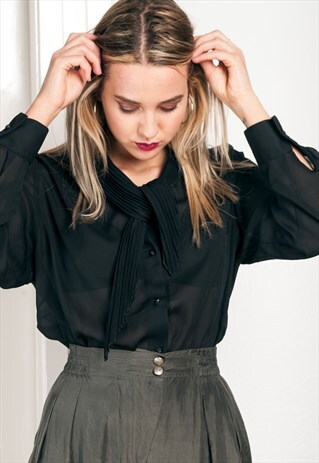 80S VINTAGE SHEER TIE NECK BLOUSE