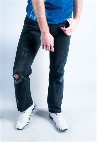 VINTAGE LEVI'S 501 JEANS BLACK DENIM WITH RIPS PAINT MARKS