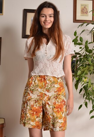 VINTAGE 80S FLORAL LEAF PATTERN SHORTS IN AUTUMN ORANGE