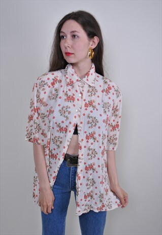 VINTAGE WHITE FLOWERS BLOUSE, RETRO CUTE CLASE FLORAL SHIRT