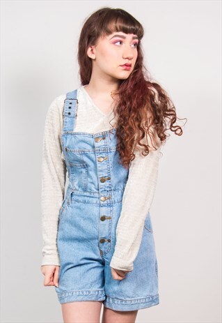 VINTAGE 90'S LIGHT BLUE DENIM DUNGAREES SHORTS